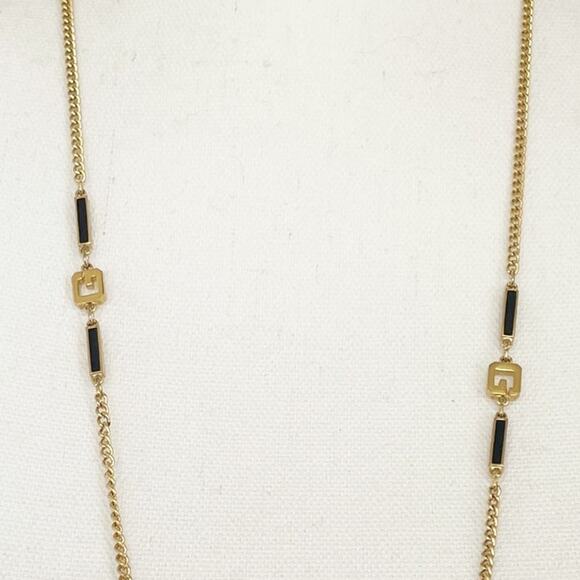 GIVENCHY Vintage Enamel 'G' Station Necklace Black Gold - Picture 10 of 12